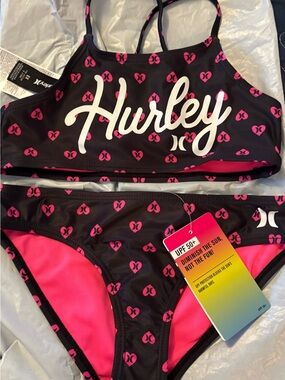 Hurley Black & Hot Pink Heart Print Bikini size 6x